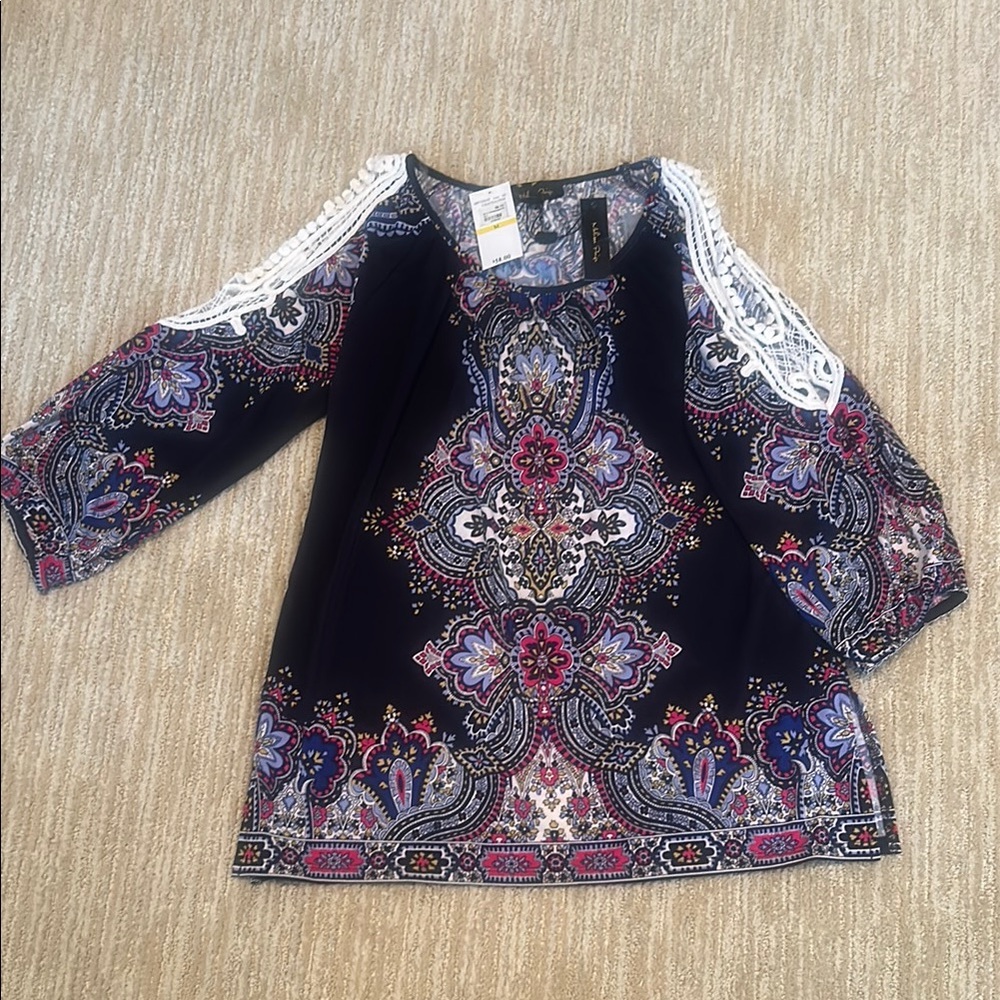 Melissa Paige Black and Blue Graphic Embellished Blouse